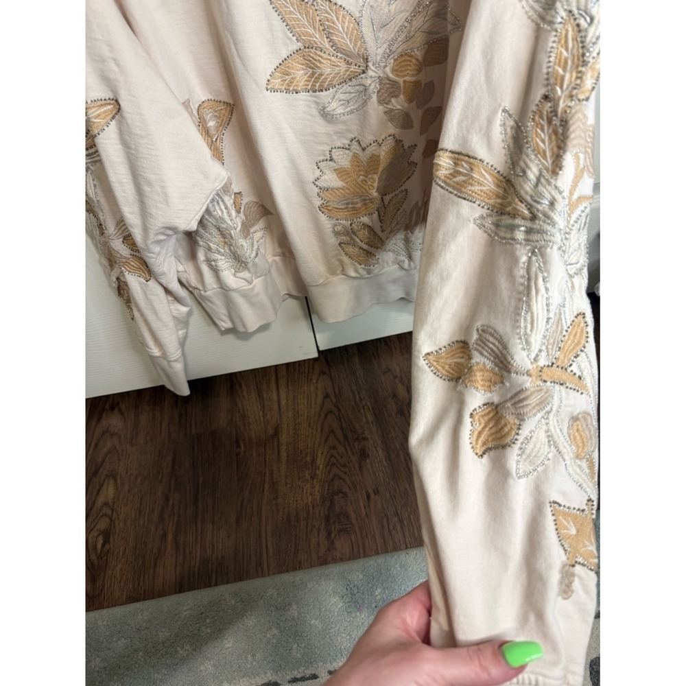 Anthropologie Embroidered Sweatshirt XL sequin Floral Boho Cottagecore Pullover - Picture 5 of 6